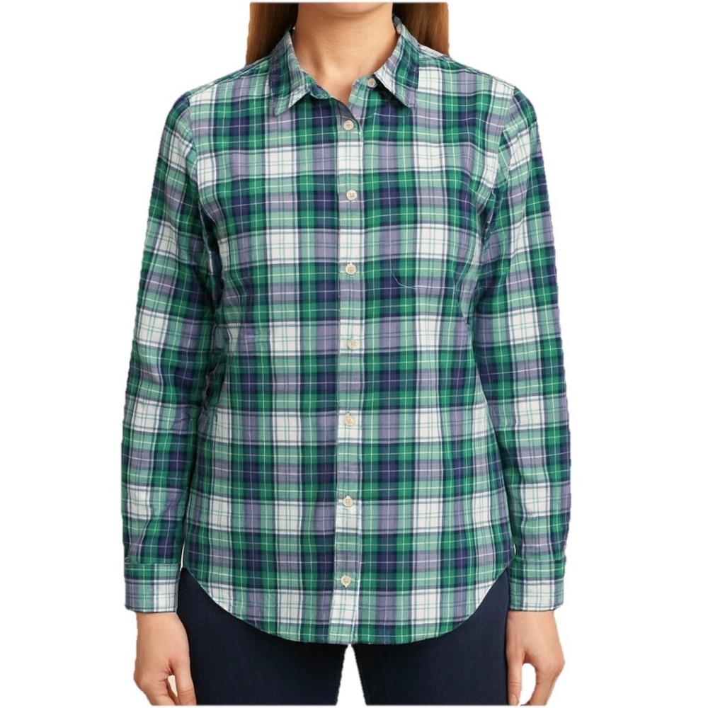 LL Bean Green Blue Plaid Cotton Poplin‎ Button Up Shirt Size XS